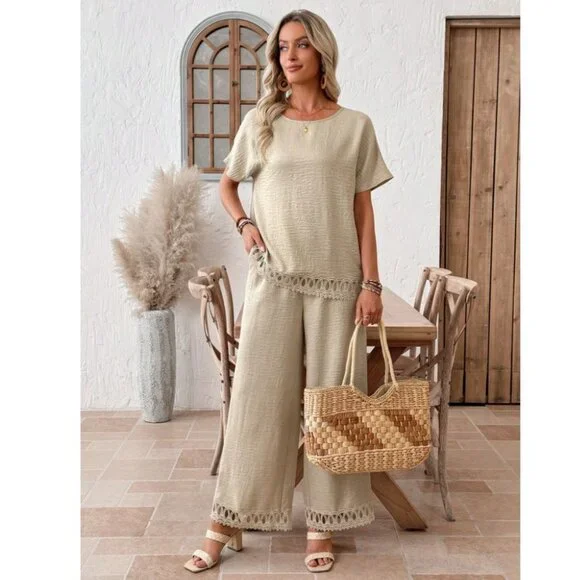 Lace Trim Round Neck Short Sleeve Shirt & Wide Leg Pants Set - Picture 1 of 4